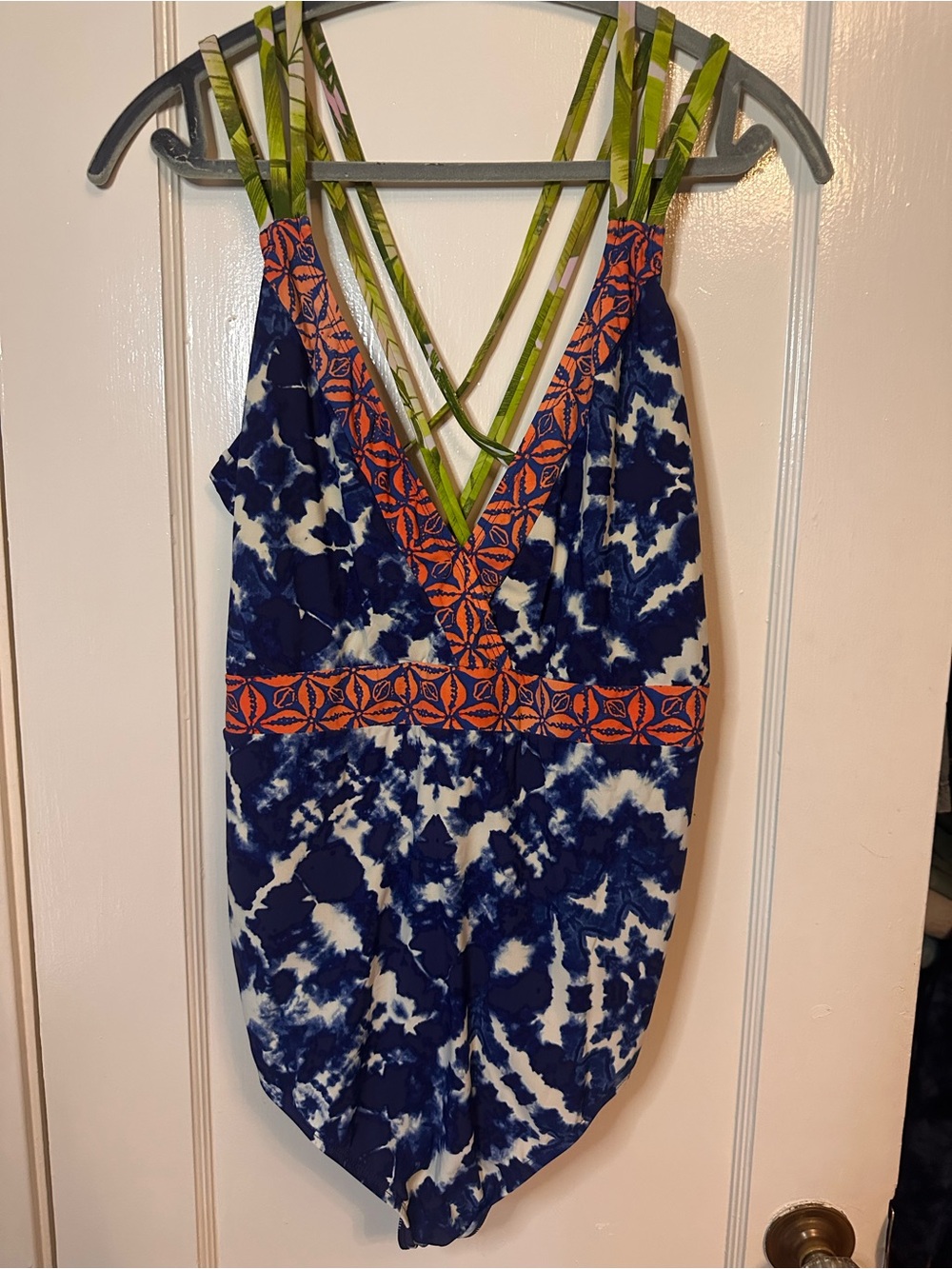 Navy Tie-Dye V-Neck One-Piece with Orange Trim